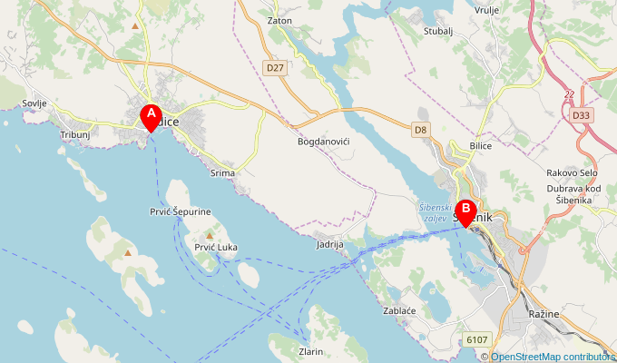 Map of ferry route between Vodice and Sibenik